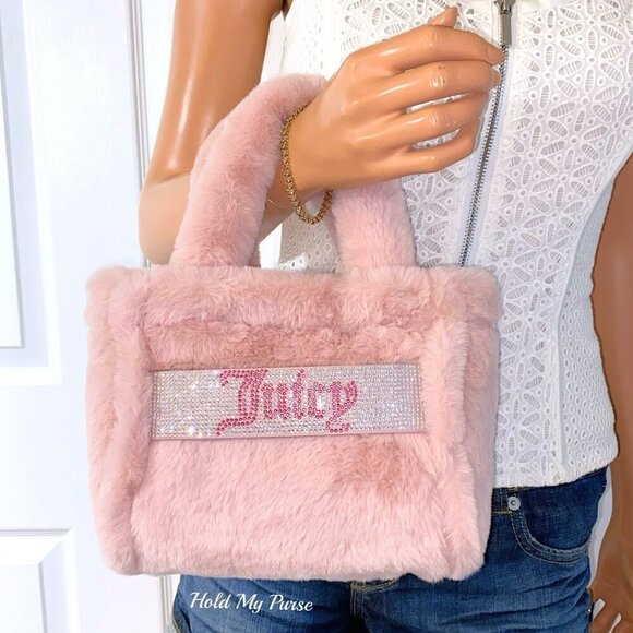 Juicy Couture Bag Faux Fur Plush Purse Pink Mini Tote Bag & Coin Purse Gift Set - Picture 5 of 10